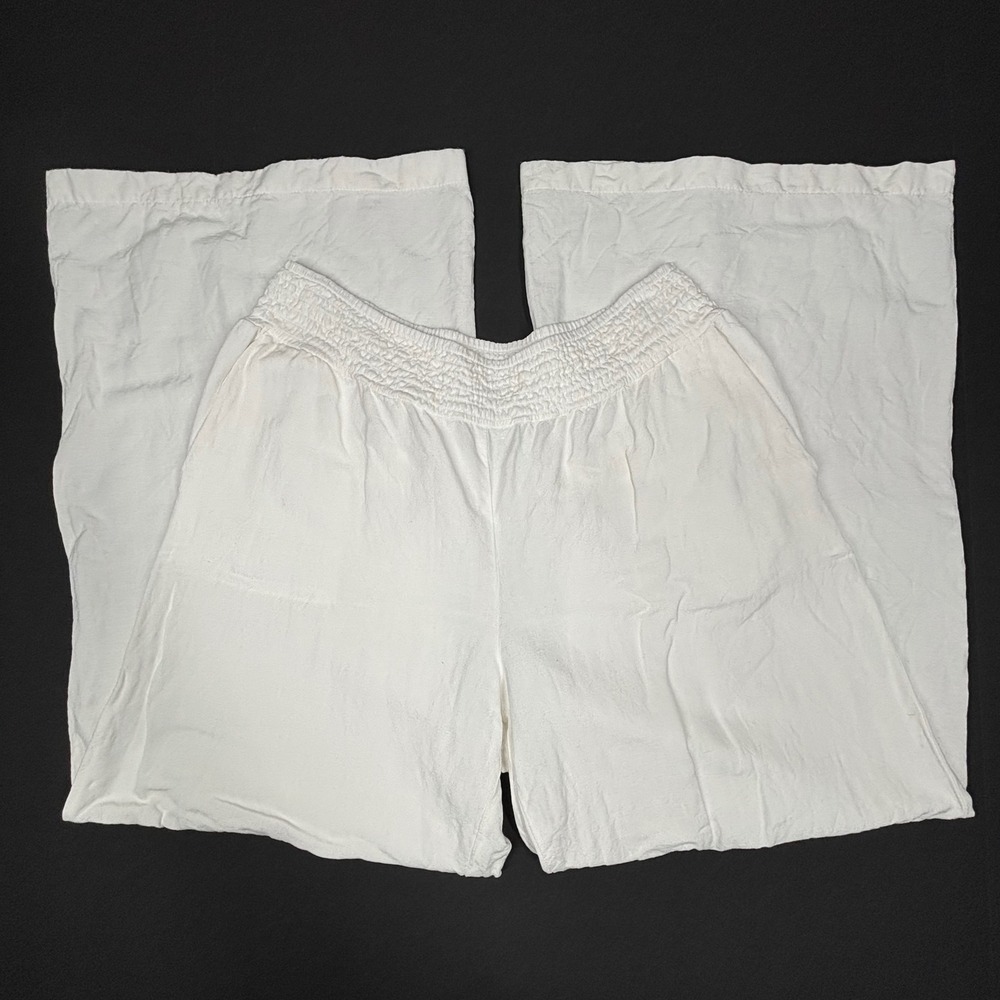 A New Day White Wide Leg Linen Gauze Pants Smocked Waist Womens Medium Flare EUC